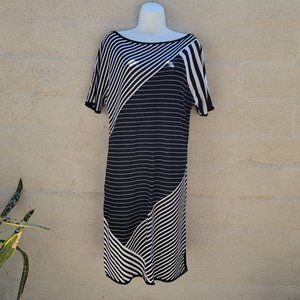 ST JOHN SPORT 10 Large Thick Knit Dress with Dolman Sleeves Asymmetrical Stripe